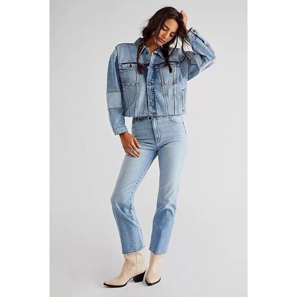 NEW FREE PEOPLE X KSUBI Sz S DESTINY DENIM JACKET PIECED CROP JEAN JACKET - Picture 1 of 3